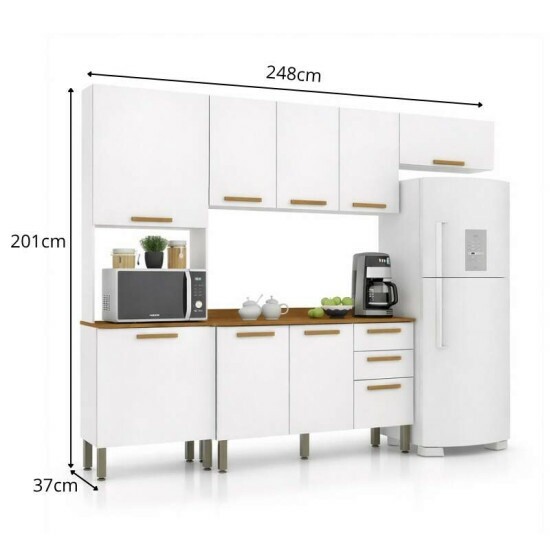 Torre Quente Cozinha New Val�ncia + Balc�o 1.20m + A�reo Triplo 3 Portas 1.20m + Arm�rio de geladeira New Val�ncia Branco/Cinamomo - Sall�to