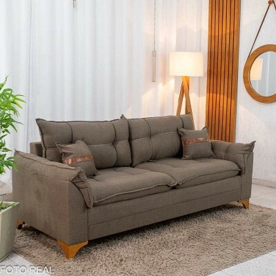 Sof� 3 Lugares Creta Linho Marrom 25 Larg. 1.80m - Molas bonnel