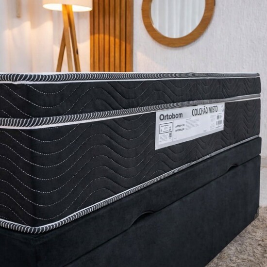Colch�o Casal Airtech 150 Ortopillow Ortop�dico D45 Ortobom + Box Ba� Casal Prime Confort Sued Preto Blindado Issacar - 138x188x73 | Suporta at� 240kg