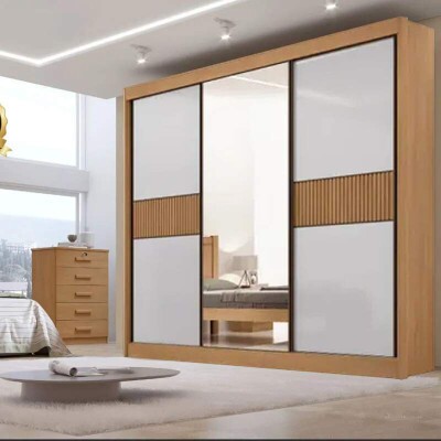 Roupeiro Casal Cristal Ripado Cinamomo/Off 3 Portas 6 Gavetas C/ 1 Espelho 100% MDF Larg. 2.42m - D Doro