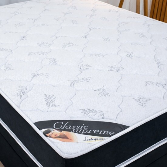 Colch�o Casal Classic Supreme Ortop�dico Lestespuma + Base Box Ba� Casal Prime Confort Sued Preto Blindado Issacar - 138x188x64 | Suporta at� 200kg