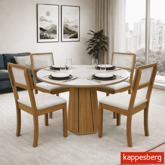 Mesa de jantar Jade BA54 Tampo Redonda 105x105cm MDF c/vidro Off White + 4 Cadeiras Gardeni Canela - Kappesberg