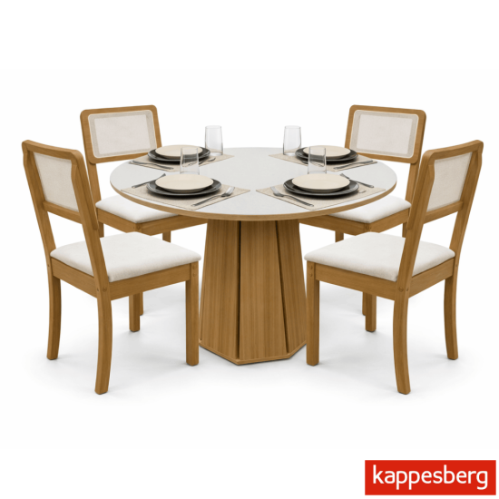 Mesa de jantar Jade BA54 Tampo Redonda 105x105cm MDF c/vidro Off White + 4 Cadeiras Gardeni Canela - Kappesberg