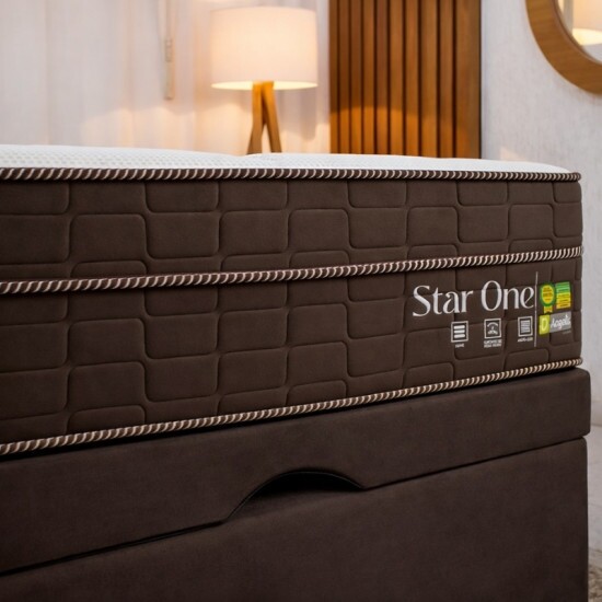 Colch�o Casal Star One Ortop�dico D-65 - Anjos + Base Box Ba� Casal Prime Confort Sued Marrom Blindado Issacar - 138x188x75 | Suporta at� 280kg