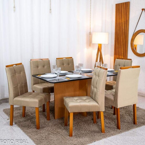 Mesa de Jantar Moscou 160x80 Vidro Preto/Base Cinamomo + 6 Cad. Londres Veludo Avel� Madeira Minas Plac - Entregue Montada