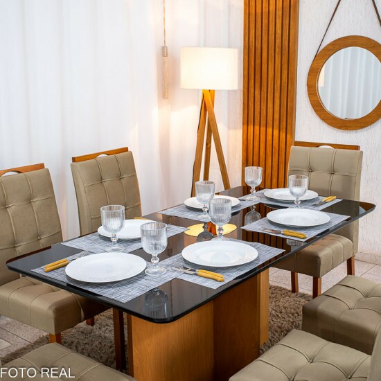 Mesa de Jantar Moscou 160x80 Vidro Preto/Base Cinamomo + 6 Cad. Londres Veludo Avel� Madeira Minas Plac - Entregue Montada