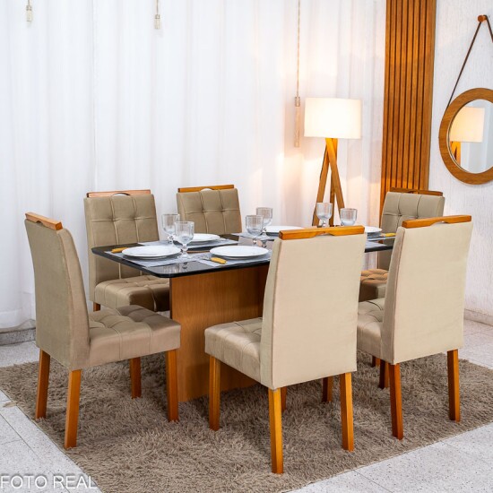 Mesa de Jantar Moscou 160x80 Vidro Preto/Base Cinamomo + 6 Cad. Londres Veludo Avel� Madeira Minas Plac - Entregue Montada
