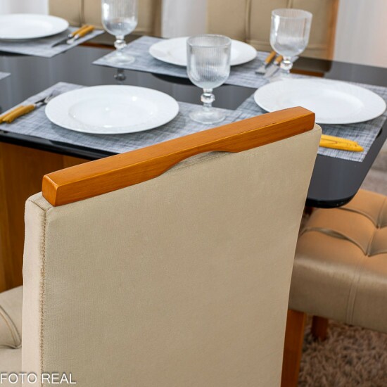 Mesa de Jantar Moscou 160x80 Vidro Preto/Base Cinamomo + 6 Cad. Londres Veludo Avel� Madeira Minas Plac - Entregue Montada