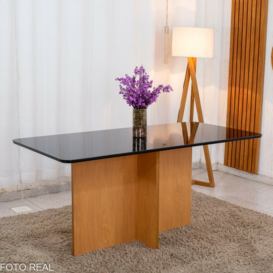 Mesa de Jantar Moscou 160x80 Vidro Preto/Base Cinamomo + 6 Cad. Londres Veludo Avel� Madeira Minas Plac - Entregue Montada