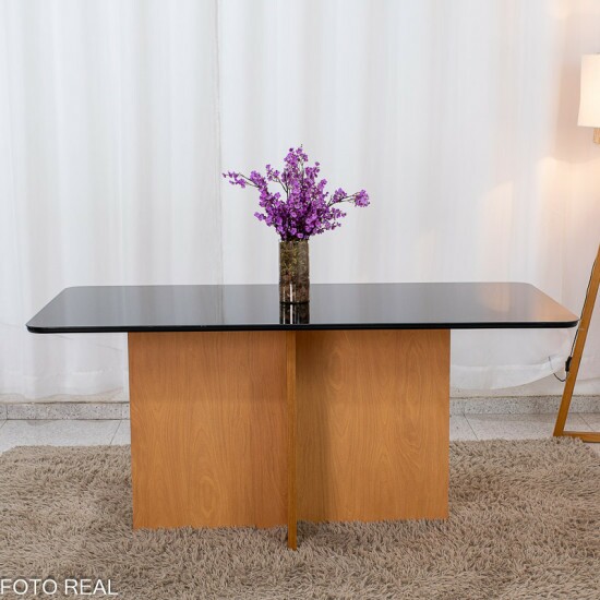 Mesa de Jantar Moscou 160x80 Vidro Preto/Base Cinamomo + 6 Cad. Londres Veludo Avel� Madeira Minas Plac - Entregue Montada
