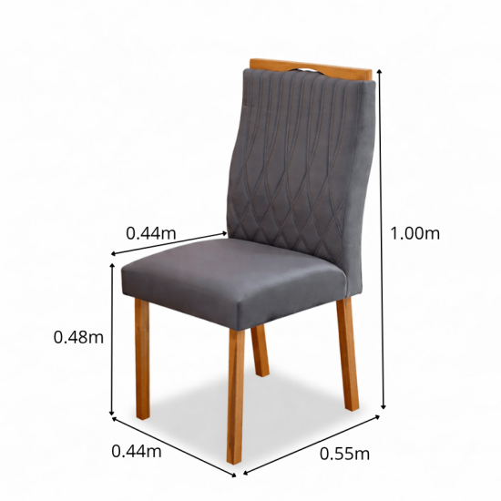 Mesa de Jantar Moscou 160x80 Vidro Preto/Base Cinamomo - Minas Plac + 6 Cad. G�nova Veludo Cinza 507 Madeira Art Assentos - Entregue Montada
