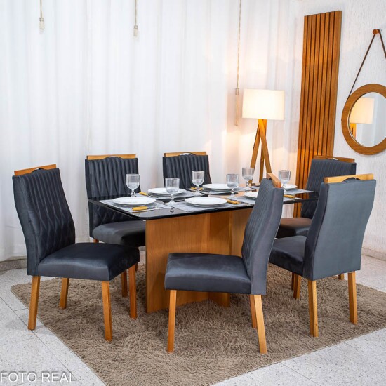 Mesa de Jantar Moscou 160x80 Vidro Preto/Base Cinamomo - Minas Plac + 6 Cad. G�nova Veludo Cinza 507 Madeira Art Assentos - Entregue Montada