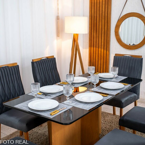 Mesa de Jantar Moscou 160x80 Vidro Preto/Base Cinamomo - Minas Plac + 6 Cad. G�nova Veludo Cinza 507 Madeira Art Assentos - Entregue Montada