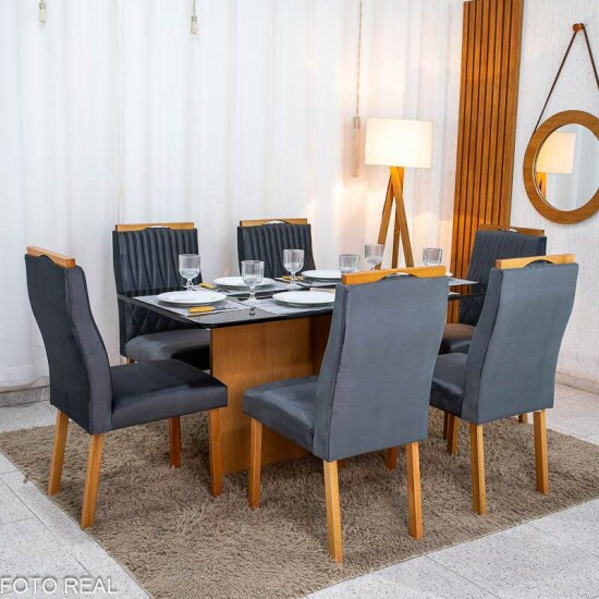 Mesa de Jantar Moscou 160x80 Vidro Preto/Base Cinamomo - Minas Plac + 6 Cad. G�nova Veludo Cinza 507 Madeira Art Assentos - Entregue Montada