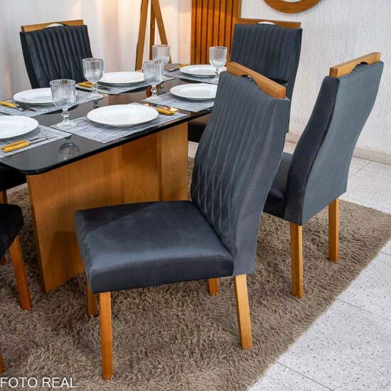 Mesa de Jantar Moscou 160x80 Vidro Preto/Base Cinamomo - Minas Plac + 6 Cad. G�nova Veludo Cinza 507 Madeira Art Assentos - Entregue Montada