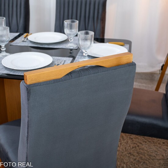 Mesa de Jantar Moscou 160x80 Vidro Preto/Base Cinamomo - Minas Plac + 6 Cad. G�nova Veludo Cinza 507 Madeira Art Assentos - Entregue Montada
