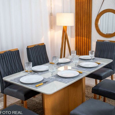 Mesa de Jantar Moscou 160x80 Vidro Off/Base Cinamomo - Minas Plac + 6 Cad. G�nova Veludo Cinza 507 Madeira Art Assentos - Entregue Montada
