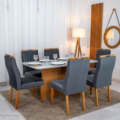 Mesa de Jantar Moscou 160x80 Vidro Off/Base Cinamomo - Minas Plac + 6 Cad. G�nova Veludo Cinza 507 Madeira Art Assentos - Entregue Montada