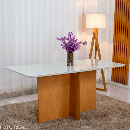 Mesa de Jantar Moscou 160x80 Vidro Off/Base Cinamomo - Minas Plac + 6 Cad. G�nova Veludo Cinza 507 Madeira Art Assentos - Entregue Montada