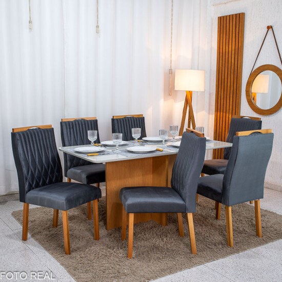 Mesa de Jantar Moscou 160x80 Vidro Off/Base Cinamomo - Minas Plac + 6 Cad. G�nova Veludo Cinza 507 Madeira Art Assentos - Entregue Montada