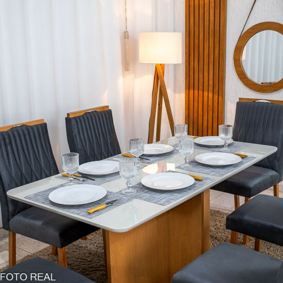 Mesa de Jantar Moscou 160x80 Vidro Off/Base Cinamomo - Minas Plac + 6 Cad. G�nova Veludo Cinza 507 Madeira Art Assentos - Entregue Montada