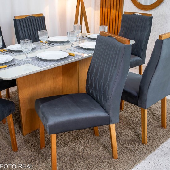 Mesa de Jantar Moscou 160x80 Vidro Off/Base Cinamomo - Minas Plac + 6 Cad. G�nova Veludo Cinza 507 Madeira Art Assentos - Entregue Montada