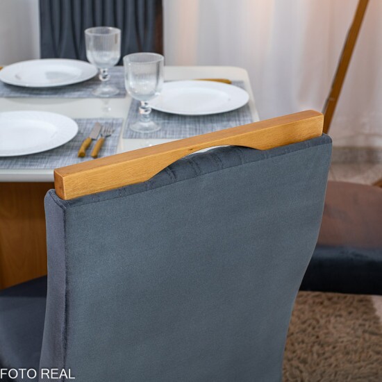 Mesa de Jantar Moscou 160x80 Vidro Off/Base Cinamomo - Minas Plac + 6 Cad. G�nova Veludo Cinza 507 Madeira Art Assentos - Entregue Montada