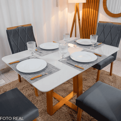 Mesa Bali 120�80 Vidro Off/Base Madeira - Minas Plac + 4 Cad. Lisboa Veludo Cinza 507 Madeira Art Assento - Entregue Montada
