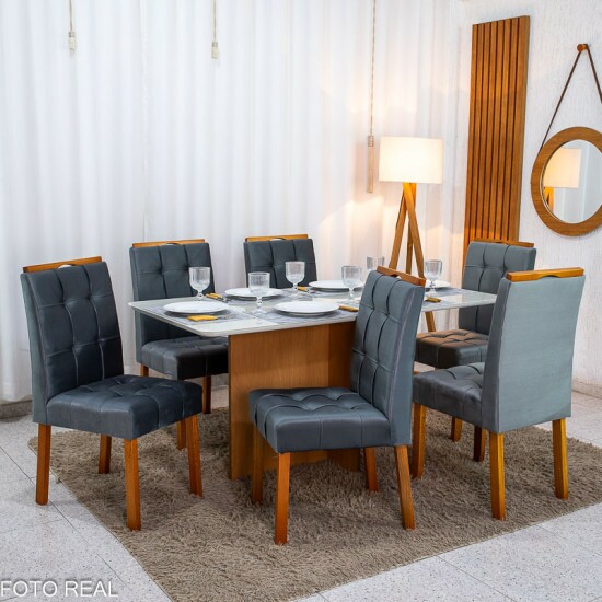 Mesa de Jantar Moscou 160x80 Vidro Off/Base Cinamomo + 6 Cad. Londres Veludo Chumbo Madeira Minas Plac - Entregue Montada