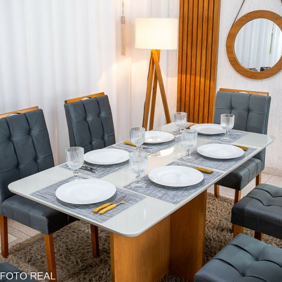 Mesa de Jantar Moscou 160x80 Vidro Off/Base Cinamomo + 6 Cad. Londres Veludo Chumbo Madeira Minas Plac - Entregue Montada