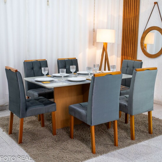 Mesa de Jantar Moscou 160x80 Vidro Off/Base Cinamomo + 6 Cad. Londres Veludo Chumbo Madeira Minas Plac - Entregue Montada