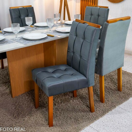 Mesa de Jantar Moscou 160x80 Vidro Off/Base Cinamomo + 6 Cad. Londres Veludo Chumbo Madeira Minas Plac - Entregue Montada