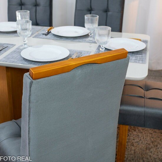 Mesa de Jantar Moscou 160x80 Vidro Off/Base Cinamomo + 6 Cad. Londres Veludo Chumbo Madeira Minas Plac - Entregue Montada
