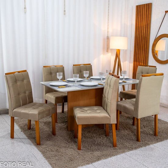 Mesa de Jantar Moscou 160x80 Vidro Off/Base Cinamomo + 6 Cad. Londres Veludo Avel� Madeira Minas Plac - Entregue Montada