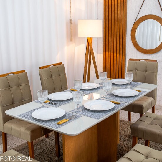 Mesa de Jantar Moscou 160x80 Vidro Off/Base Cinamomo + 6 Cad. Londres Veludo Avel� Madeira Minas Plac - Entregue Montada