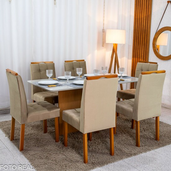 Mesa de Jantar Moscou 160x80 Vidro Off/Base Cinamomo + 6 Cad. Londres Veludo Avel� Madeira Minas Plac - Entregue Montada