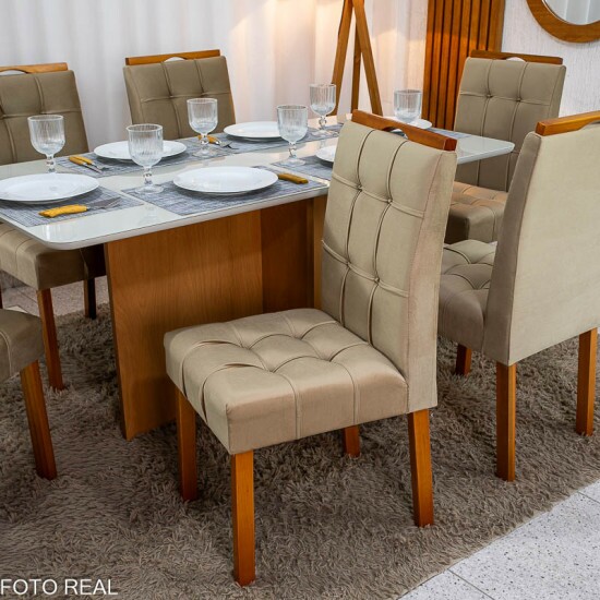 Mesa de Jantar Moscou 160x80 Vidro Off/Base Cinamomo + 6 Cad. Londres Veludo Avel� Madeira Minas Plac - Entregue Montada