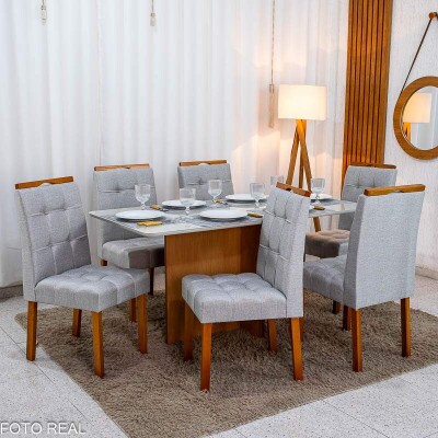 Mesa de Jantar Moscou 160x80 Vidro Off/Base Cinamomo + 6 Cad. Londres Linho Prata Madeira Minas Plac - Entregue Montada