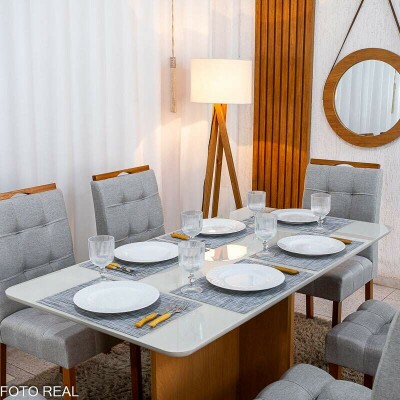 Mesa de Jantar Moscou 160x80 Vidro Off/Base Cinamomo + 6 Cad. Londres Linho Prata Madeira Minas Plac - Entregue Montada