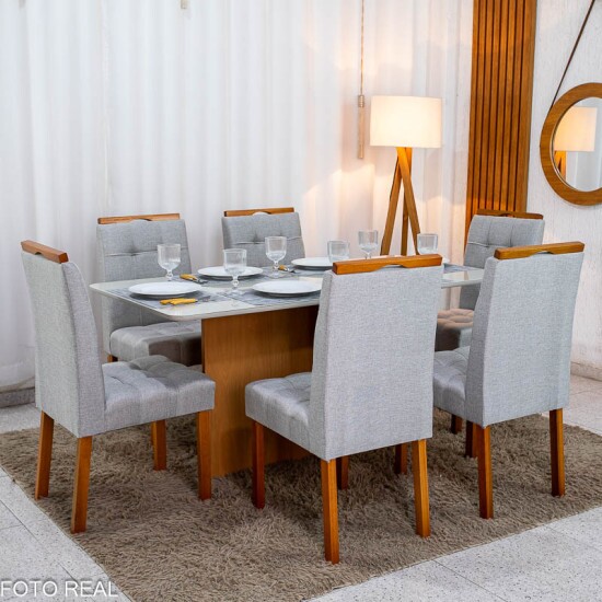 Mesa de Jantar Moscou 160x80 Vidro Off/Base Cinamomo + 6 Cad. Londres Linho Prata Madeira Minas Plac - Entregue Montada