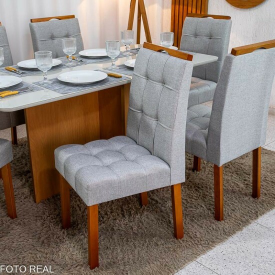 Mesa de Jantar Moscou 160x80 Vidro Off/Base Cinamomo + 6 Cad. Londres Linho Prata Madeira Minas Plac - Entregue Montada
