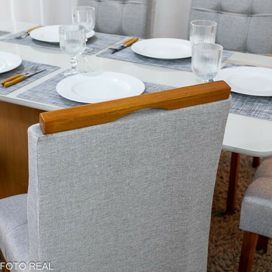 Mesa de Jantar Moscou 160x80 Vidro Off/Base Cinamomo + 6 Cad. Londres Linho Prata Madeira Minas Plac - Entregue Montada