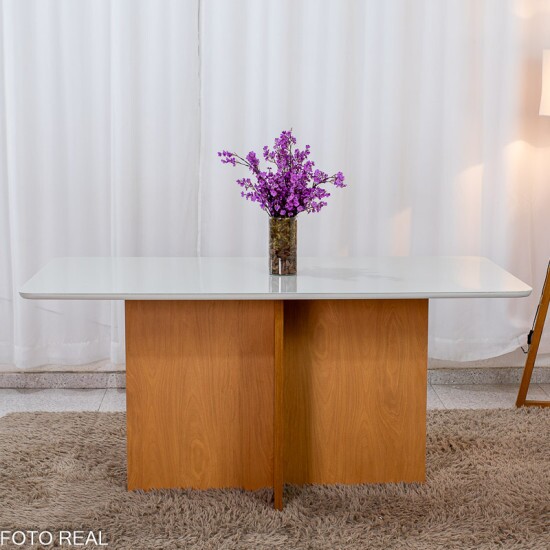 Mesa de Jantar Moscou 160x80 Vidro Off/Base Cinamomo + 6 Cad. Londres Linho Prata Madeira Minas Plac - Entregue Montada