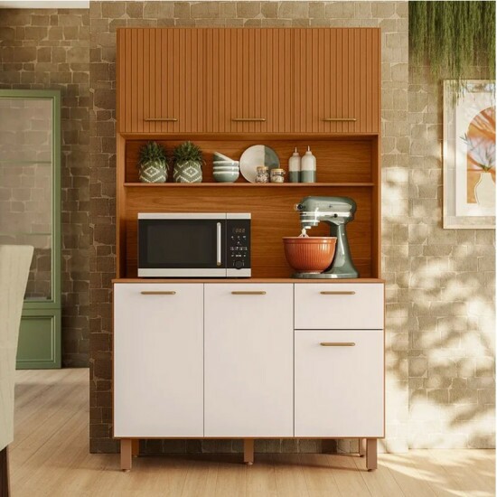 Kit Cozinha New L�via Freij�/Off 6 Portas 1 Gaveta Com Detalhe Ripado 3D Larg. 1.10m - Poliman
