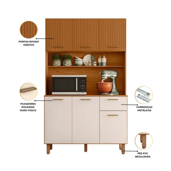 Kit Cozinha New L�via Freij�/Off 6 Portas 1 Gaveta Com Detalhe Ripado 3D Larg. 1.10m - Poliman