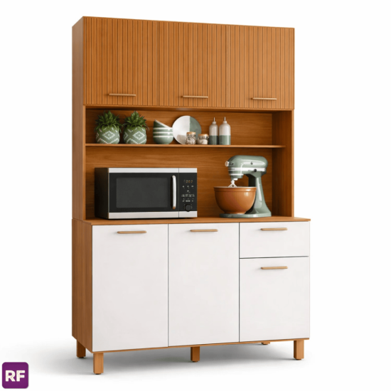 Kit Cozinha New L�via Freij�/Off 6 Portas 1 Gaveta Com Detalhe Ripado 3D Larg. 1.10m - Poliman