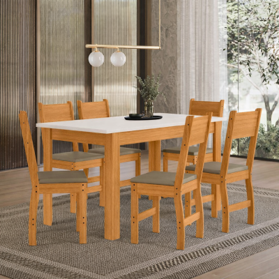 Mesa de Jantar Bellagio 150x80 Freij� UV/Tampo Off White + 6 Cad. Milano Freij� UV/Savana - Poliman