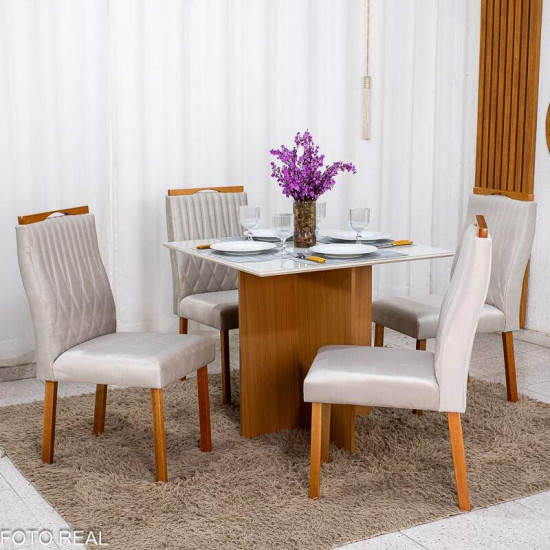 Mesa de Jantar Helo 90x90 Vidro Off Base Freij� Poliman + 4 Cadeiras G�nova Veludo Bege 512 Art Assento - Entregue Montada