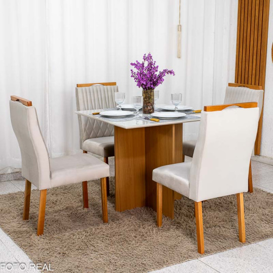 Mesa de Jantar Helo 90x90 Vidro Off Base Freij� Poliman + 4 Cadeiras G�nova Veludo Bege 512 Art Assento - Entregue Montada