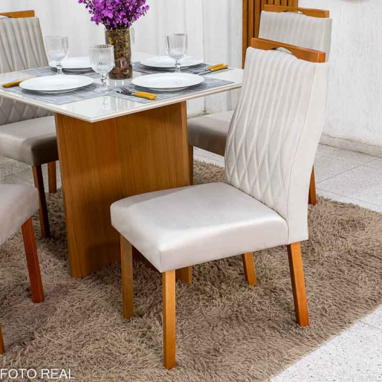 Mesa de Jantar Helo 90x90 Vidro Off Base Freij� Poliman + 4 Cadeiras G�nova Veludo Bege 512 Art Assento - Entregue Montada